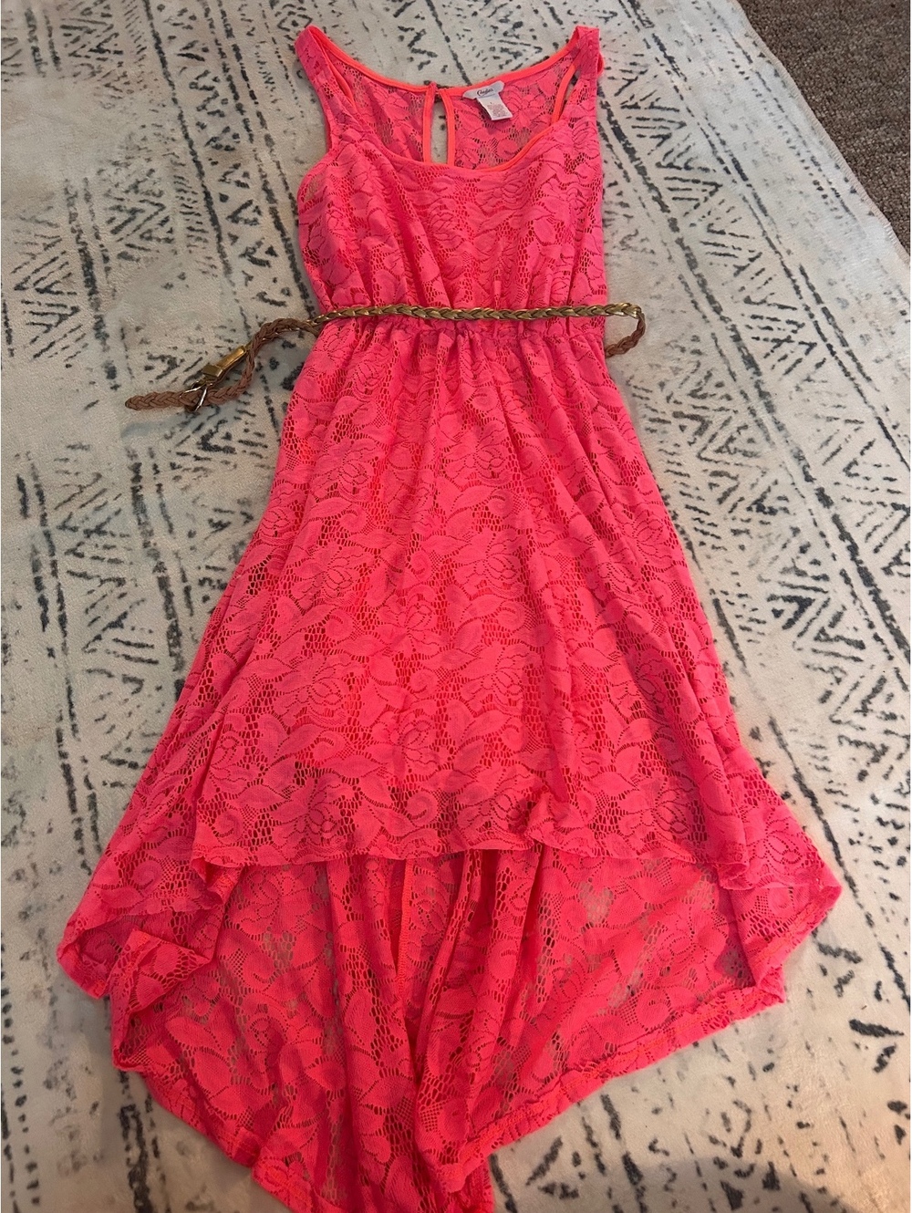 Candie's Neon Pink Lace High-Low Dress with Belt Size Large